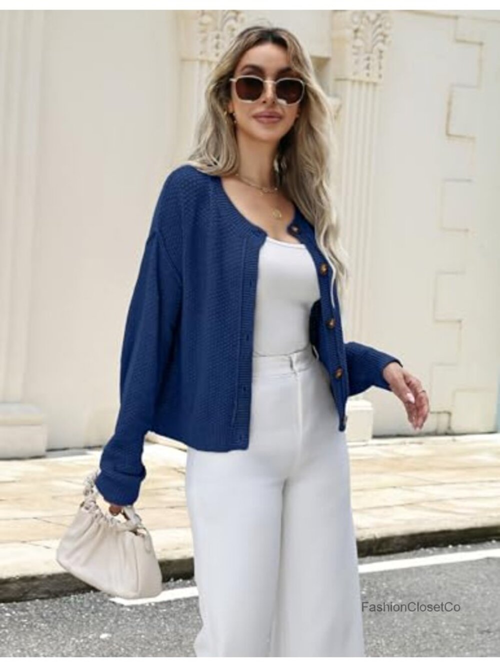 Cropped Cardigan Women Button Down Knit Sweater Long Sleeve Crew Neck Soft - Picture 4 of 6